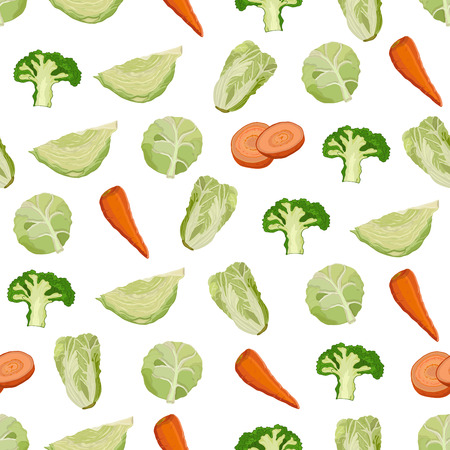 Seamless pattern of cabbage, carrot and broccoli on a white background. Vectorのイラスト素材