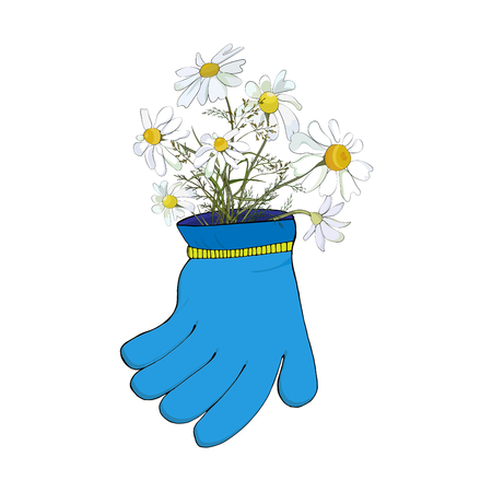 A bouquet of field daisies in a garden glove on a white background. Design for the garden. Vectorのイラスト素材