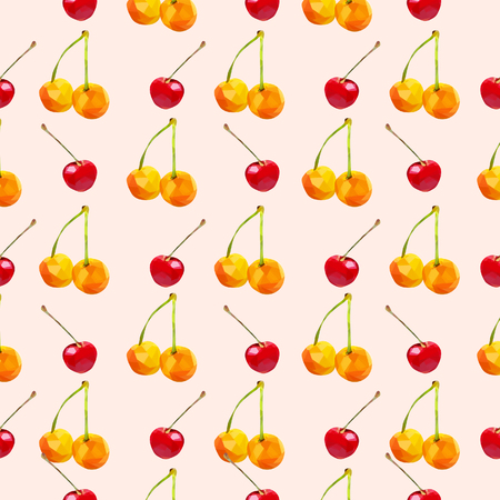 Pattern of yellow and red cherry berries in low poly style, on a pink background. Pattern