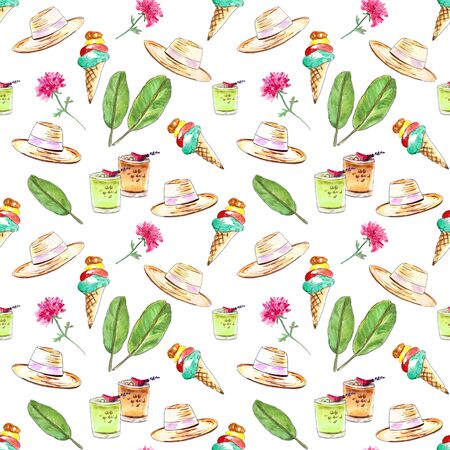 Patern of summer objects with leaves of a banana tree, straw hat, ice cream, cocktail, red flower....