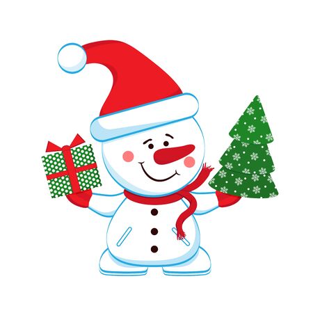 Merry snowman with a gift and Christmas tree. Separately on a white background. Vectorのイラスト素材