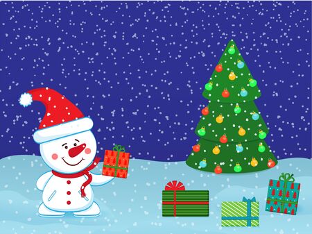 Christmas New Year card with a cheerful snowman and gifts for congratulations or invitations. Vectorのイラスト素材