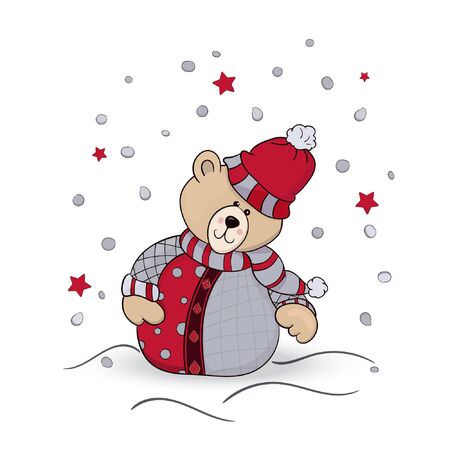 Teddy New Year's bear and snowflakes. Vector illustration.Vectorのイラスト素材
