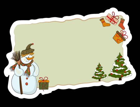 Frame, card with a banner for the New Year or Christmas greetings with a snowman and gifts. Teddy New Year's bear and snowflakes. Vector illustration.Vectorのイラスト素材