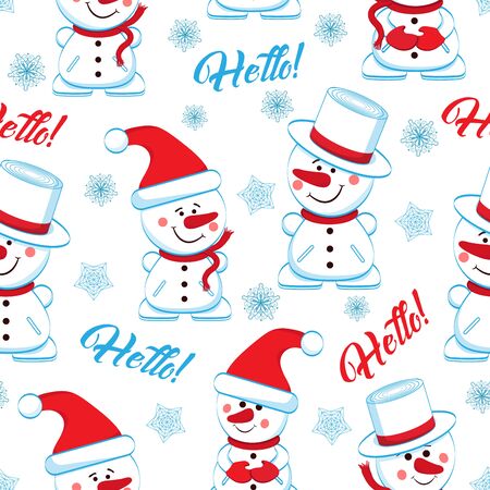 Seamless pattern with funny snowmen and inscriptions Hello. Vectorのイラスト素材
