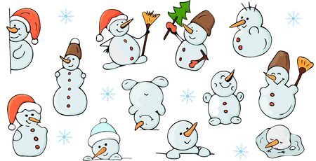 Set of snowmen in various poses. Christmas, New Year. Vector illustrationのイラスト素材