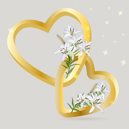 Two golden hearts alternate with bouquets of lily flowers. Vectorのイラスト素材