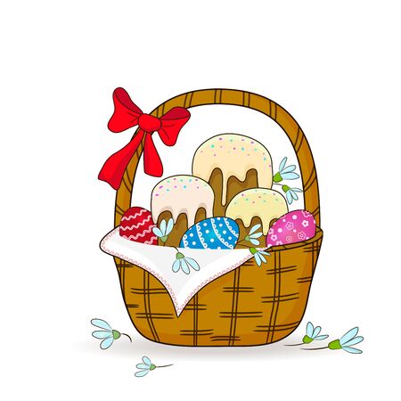 Easter illustration with easter cakes, red eggs and willow branches in wicker basket with red bow decoration. Vectorのイラスト素材