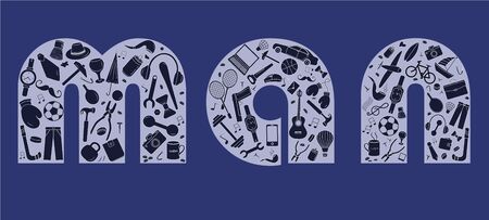 Male illustration. Men s things and accessories in the word man on a blue strict background. Vectorのイラスト素材