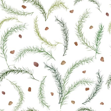 Seamless pattern with scattered green sprigs of asparagus leaves and semenamine white background. Universal base for packaging, flyers and postcards. Vectorのイラスト素材