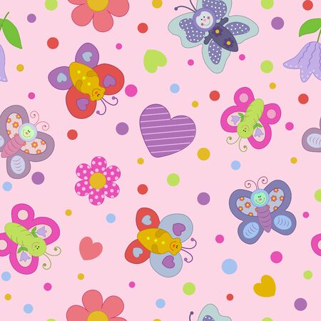 Funny butterflies and flowers on a pink seamless backgroundのイラスト素材