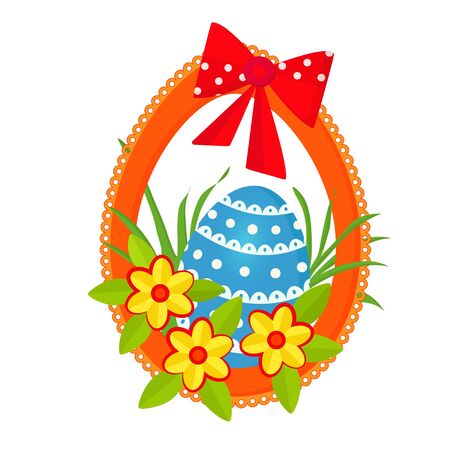 Easter egg in an oval frame with lace surrounded by grass and flowersのイラスト素材