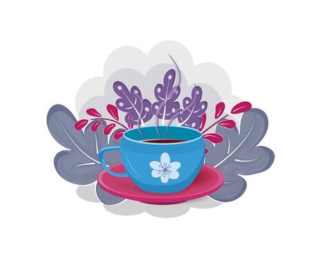 Blue cup with tea on a red saucer surrounded by foliage. Vectorのイラスト素材