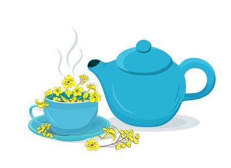 Blue teapot and cup with herbal tea in yellow flowers. Vectorのイラスト素材