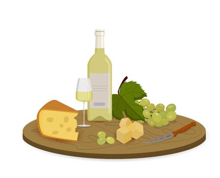 Piece of cheese with a bottle, a glass of white wine and green grapes on a wooden board.のイラスト素材