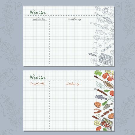 Checkered paper sheets with barbecue elements to write your recipes for a delicious lunch in nature.のイラスト素材