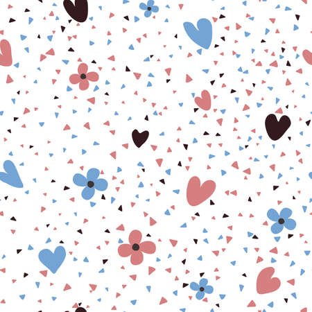 Simple seamless pattern of hand-drawn hearts, flowers and confetti .Vector template for design, packaging, scrapbooking.のイラスト素材