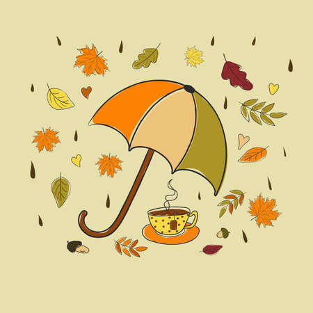 Autumn, vector illustration with flying autumn leaves and a cup of tea under an umbrella.のイラスト素材