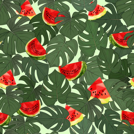 WebSeamless pattern of tropical green leaves and cut juicy watermelon on a green backgroundのイラスト素材