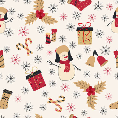 Seamless Christmas pattern with snowman, gifts and Christmas elements. Perfect for fabric or gift...