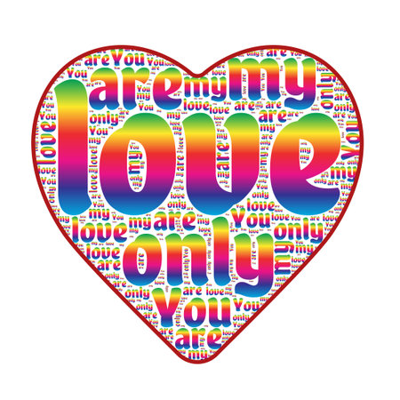 A bright rainbow heart assembled from the words of love. Congratulatory valentineのイラスト素材