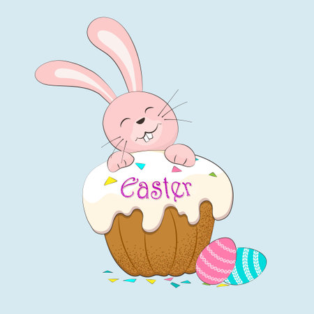 Happy pink bunny with easter cuckoo and easter eggsのイラスト素材