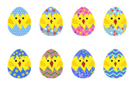 Set of decorative eggs with chickens in patchwork styleのイラスト素材