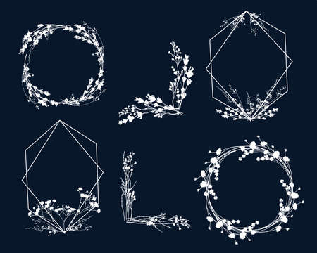 A set of angular, rectangular and round frames from bouquets of twigs and flowersのイラスト素材