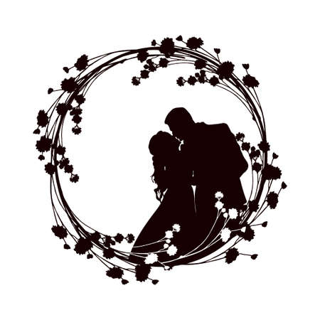 Silhouette of a kissing couple in a round frame decorated with sprigs of flowersのイラスト素材