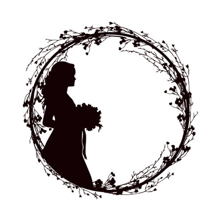 Elegant round floral frame with young girl silhouette with bouquetのイラスト素材