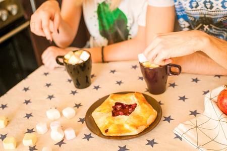 ingredients for dessert on kitchen wooden table, cooking, recipeの写真素材