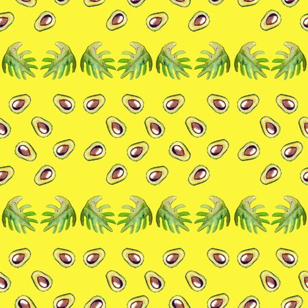 Watercolor painted seamless pattern with avocado and leavesの写真素材