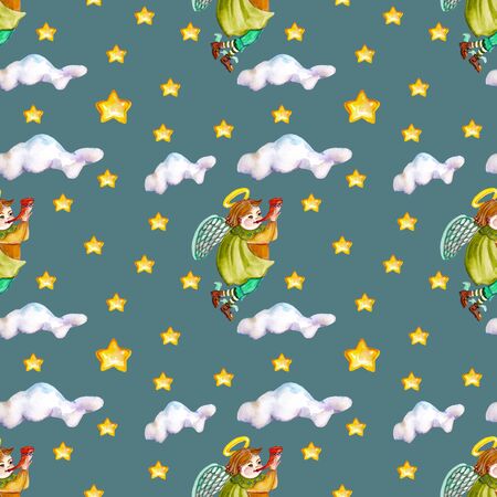 Christmas seamless pattern with angel playing a fifeの写真素材