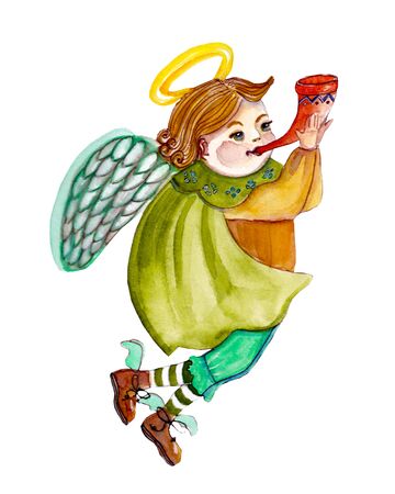 Sweet Christmas angel boy playing a fifeの写真素材