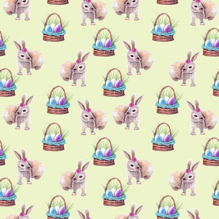 Easter seamless pattern with traditional motives - rabbit and basket with decorated eggsの写真素材