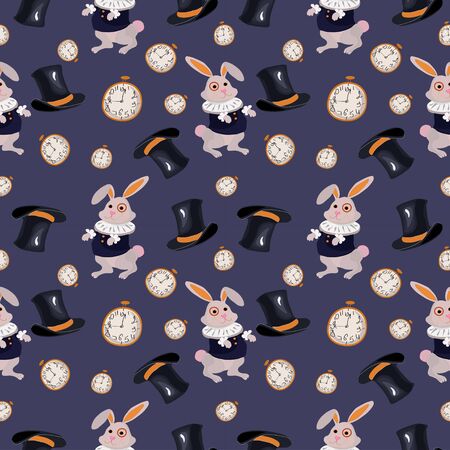 Vector seamless pattern inspired by Alice in Wonderland with rabbit, stovepipe hat and clockのイラスト素材