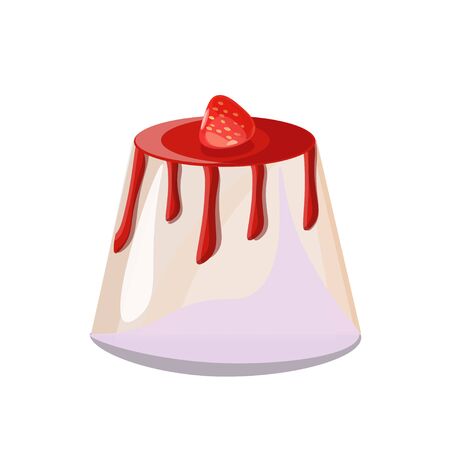 Italian dessert panna cotta with strawberry topping and a single berry. Vector illustration.のイラスト素材