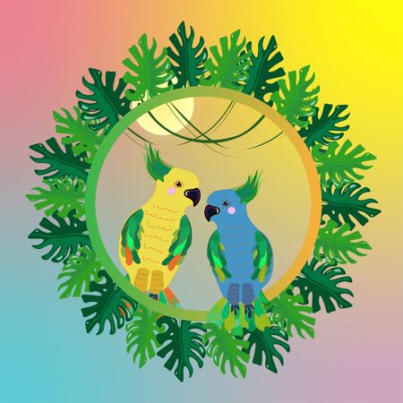 Tropical background with a monstera frame and a pair of parrots.のイラスト素材