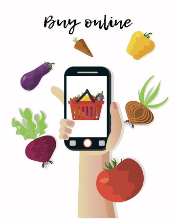 Buy online banner with hand holding smartphone surrounded by vegetables. Flat vector illustration.のイラスト素材