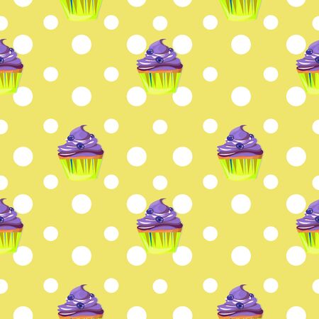Cute seamless pattern with a blueberry cupcake and polka dots on yellow background.のイラスト素材