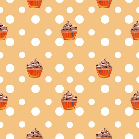 Cute seamless pattern with a chocolate cupcake and polka dots on orange background.のイラスト素材