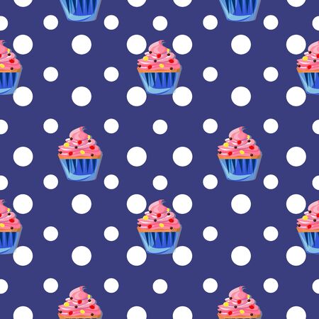Cute seamless pattern with a raspberry cupcake and polka dots on dark blue background.のイラスト素材