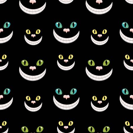 Cheshire cats smiling in darkness. Vector seamless pattern. Different eyes color on black background.のイラスト素材