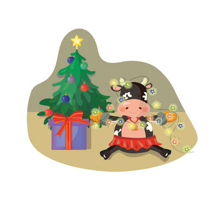 2021 new year greeting card with an ox decorating the christmas tree witn a garland. Indoor scene.のイラスト素材
