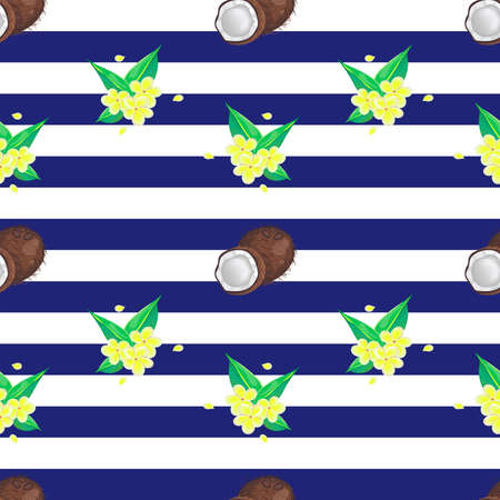 Tropical seamless pattern with stripes, frangipani flowers and coconuts.のイラスト素材