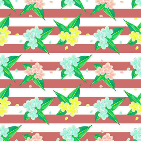 Tropical seamless pattern with frangipani flowers of blue, yellow and pink colors.の写真素材
