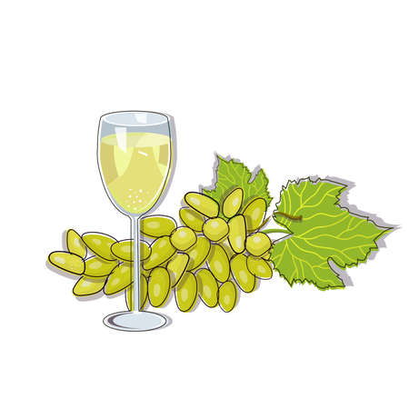 Green grape with a glass af white wine isolated on white background. Vector illustration.のイラスト素材