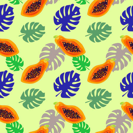 Tropical seamless pattern with halved papaya and monstera leaves of green, blue and brown colors....