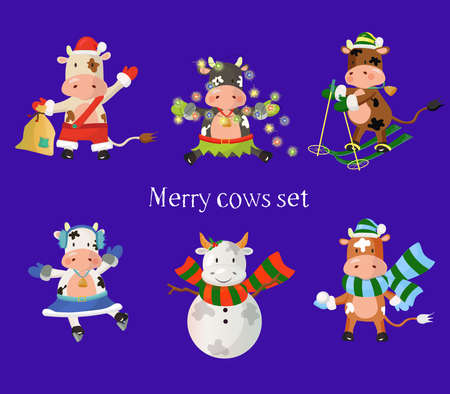 Chinese new year of the ox clip art. merry cows doing winter activities.のイラスト素材