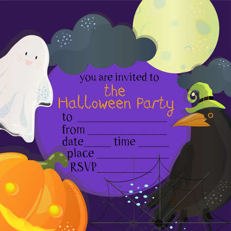Halloween party invitation decorated with full moon, raven, pumpkin and ghost.のイラスト素材